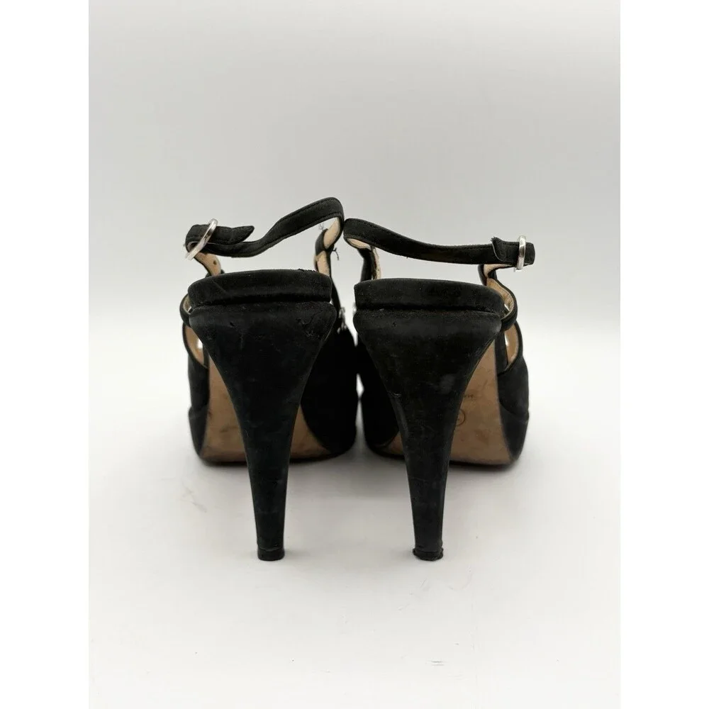 Chanel Black Suede Slingback Platform Cap Toe Heels Silver CC Logo Size EU 37.5